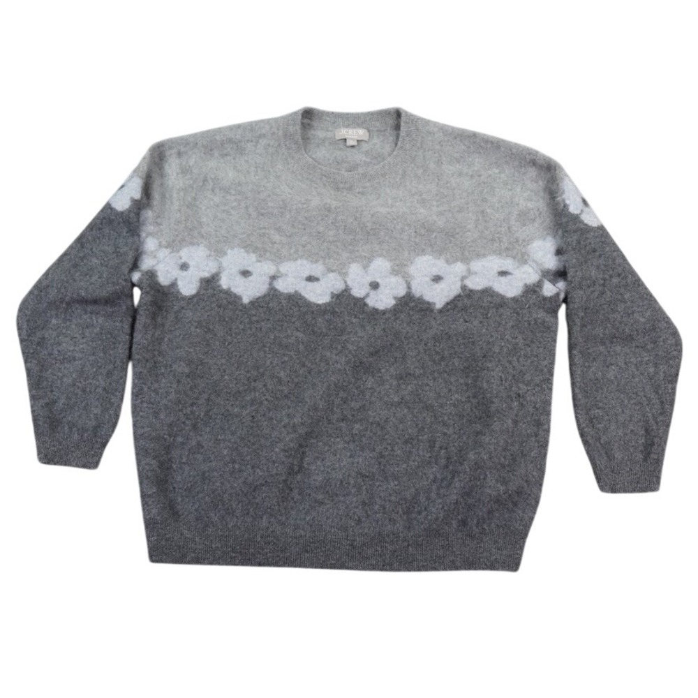 J Crew Brushed Cashmere Relaxed crewneck Sweater Women XS Grey Floral Pullover
